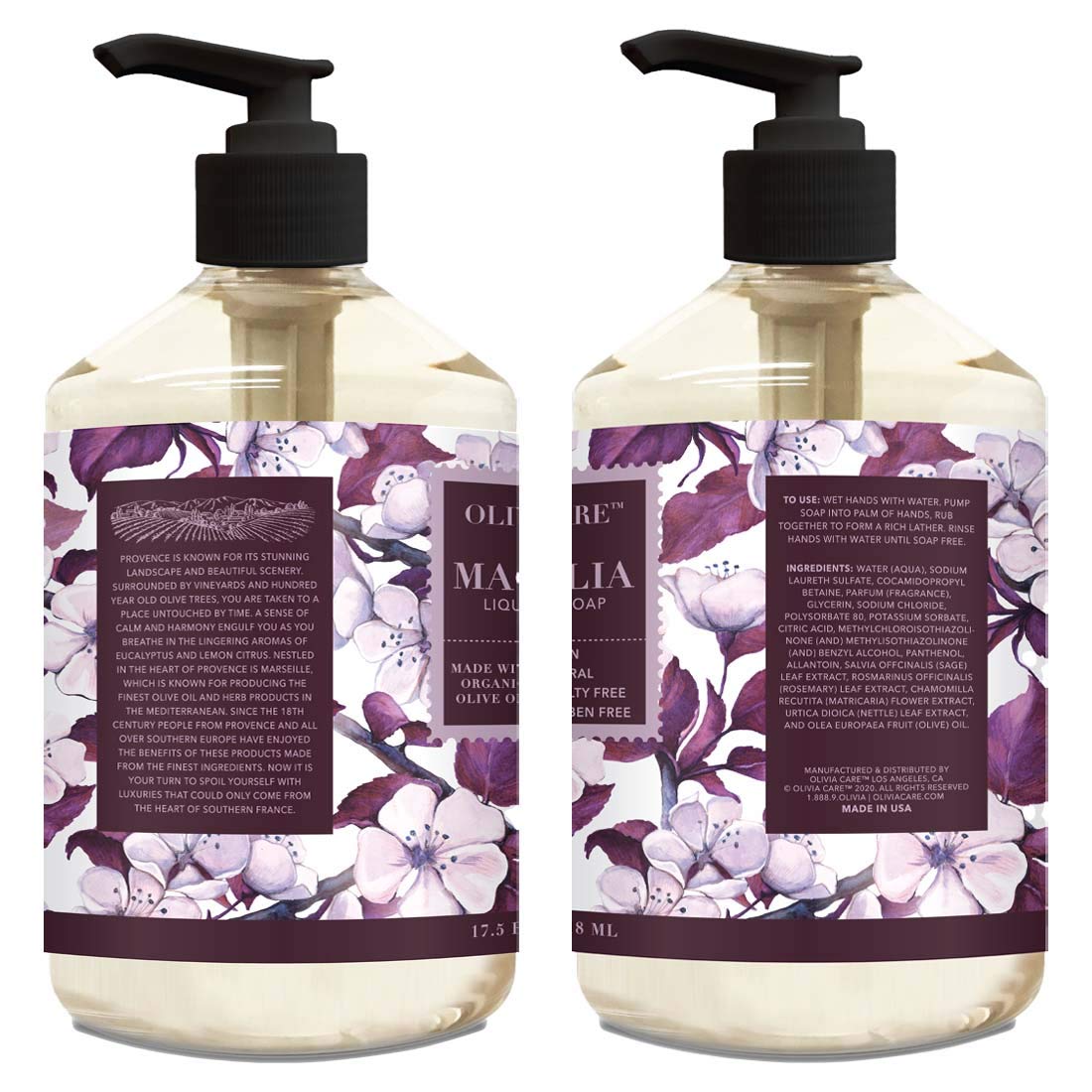 OLIVIA CARE Jabón líquido de manos con magnolia y aceites esenciales. Todo natural, limpia, lucha contra los gérmenes, hidrata el lavado de manos