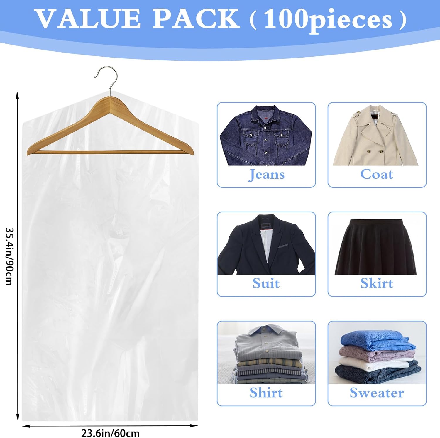 Paquete de 100 bolsas de plástico para colgar ropa, bolsas duraderas para tintorería, fundas transparentes a prueba de polvo para tintorería,