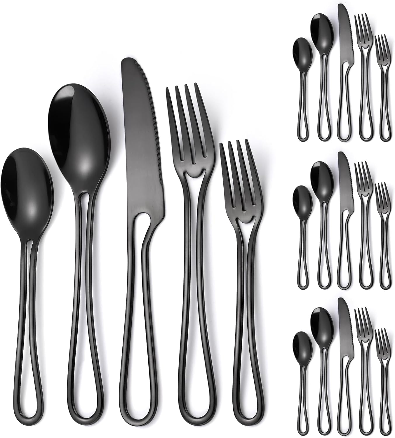 Black Silverware Hollow Out Handle Flatware Set for 4 Stainless Steel Cutlery 20 Piece Fork Knife and Spoon Unique Festival Parties Kitchen Daily Use