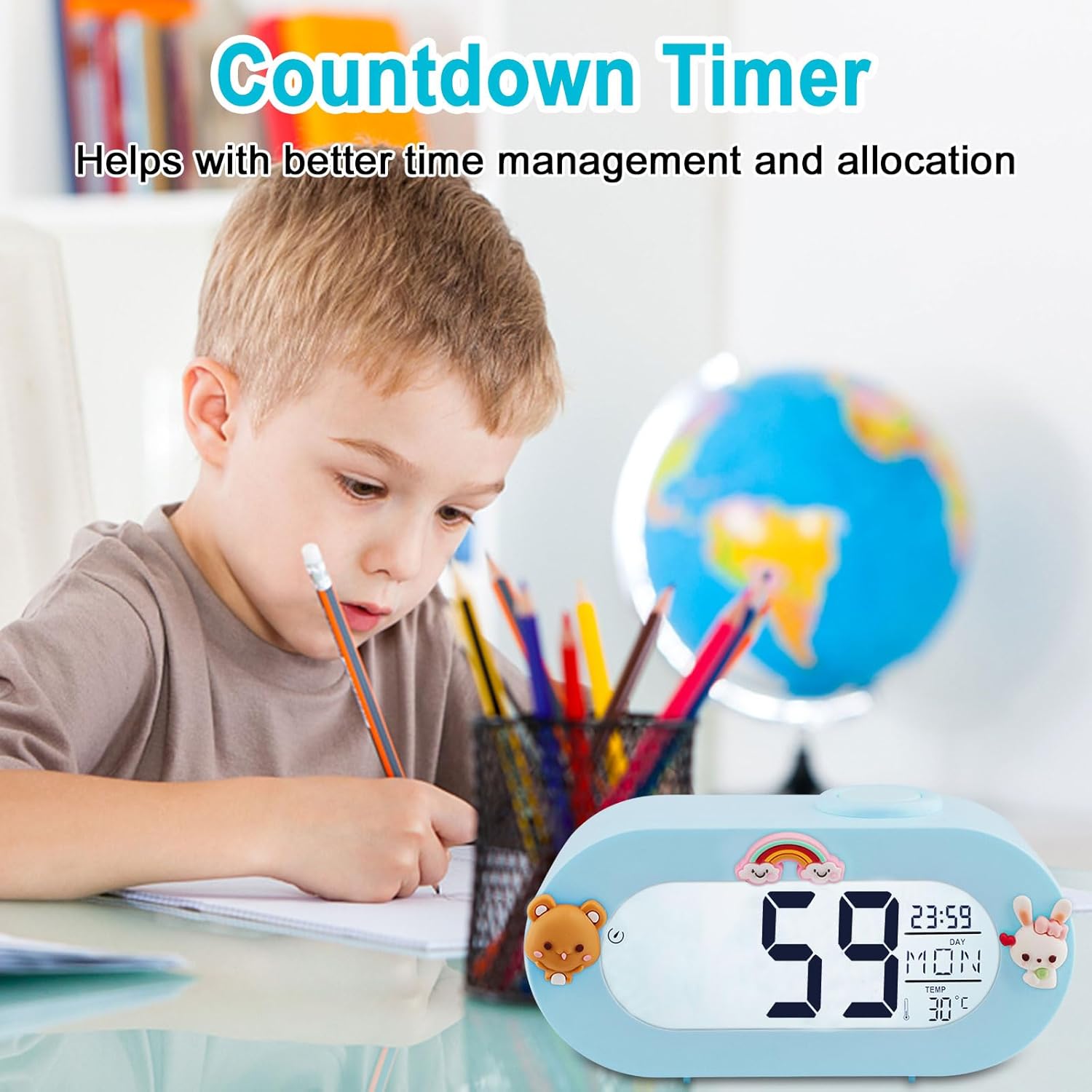 Potuopy Reloj despertador para niños, despertador digital con repetición, lámpara sónica, temporizador, 8 tonos de llamada, 1224 horas, reloj