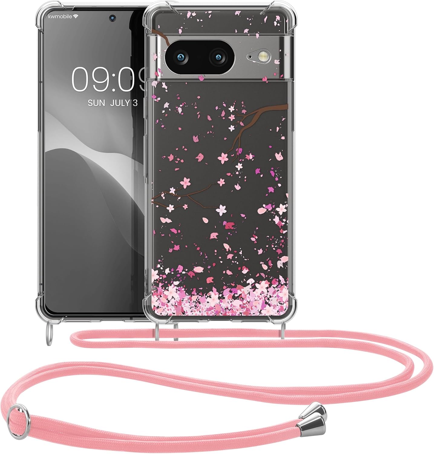 kwmobile Funda cruzada compatible con Google Pixel 8, diseño de flores de cerezo rosa, marrón oscuro, transparente
