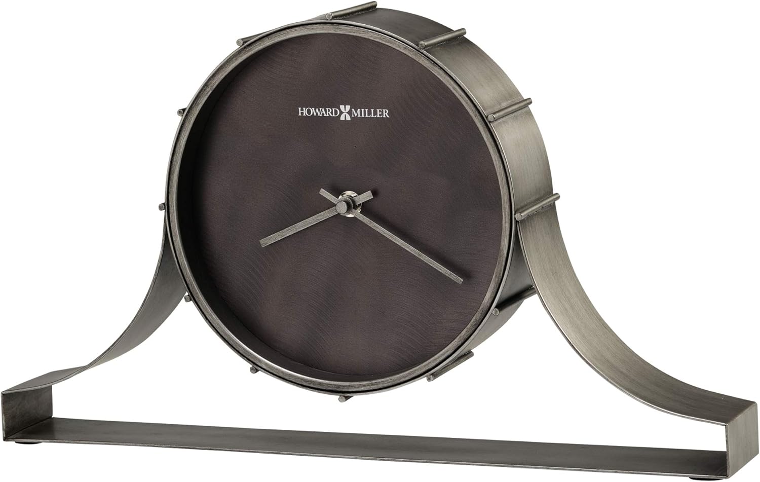 Howard Miller Seeley – Reloj de repisa 635-208 – Acabado plateado envejecido, marco de metal de tambor de hierro doblado, esfera de acero