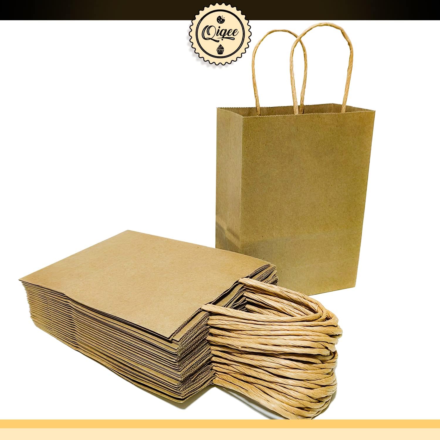 qiqee Paquete de 100 bolsas de regalo de papel marrón con asas a granel de 8.26 x 6 x 3.15 pulgadas, bolsas de regalo de tamaño pequeño para