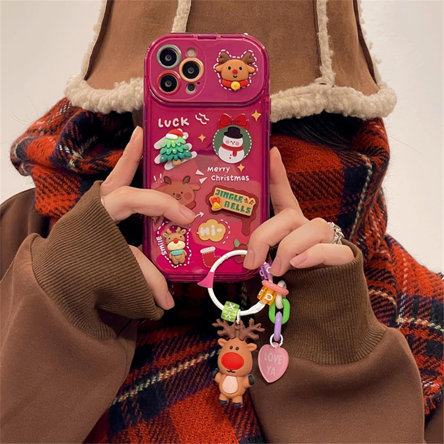 Funda con colgante de árbol de Navidad con espejo abatible para iPhone 15, 14, 13, 12 Series (rojo B, para iPhone 13 Pro Max)