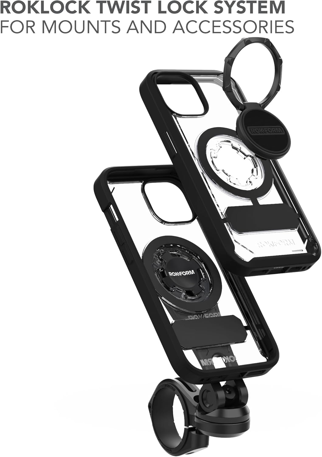 Rokform – Funda para iPhone 15, serie Crystal, funda magnética transparente para iPhone 15 con bloqueo giratorio RokLock, armadura delgada probada