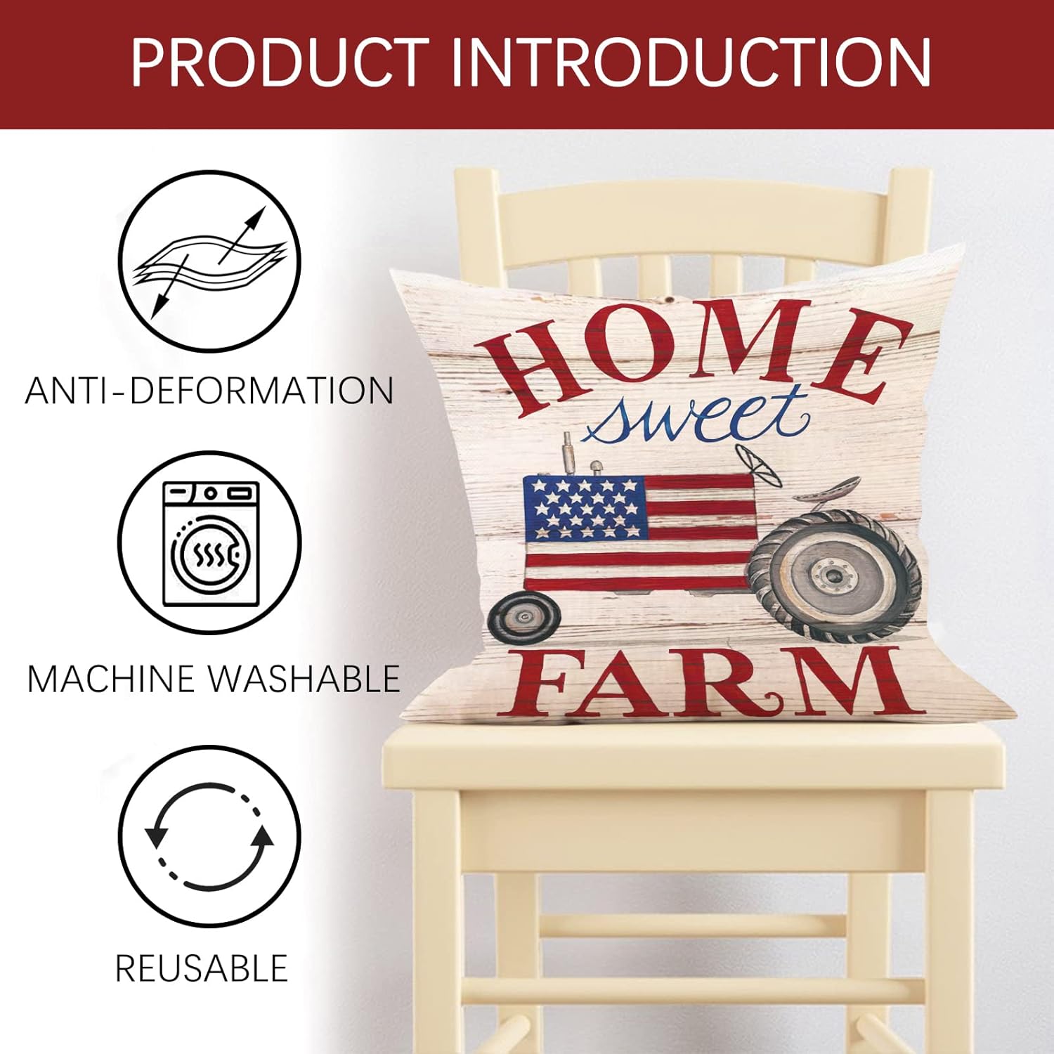Juego de 4 fundas de almohada decorativas con bandera estadounidense del 4 de julio, 18 x 18 pulgadas, diseño patriótico de Estados Unidos, granja
