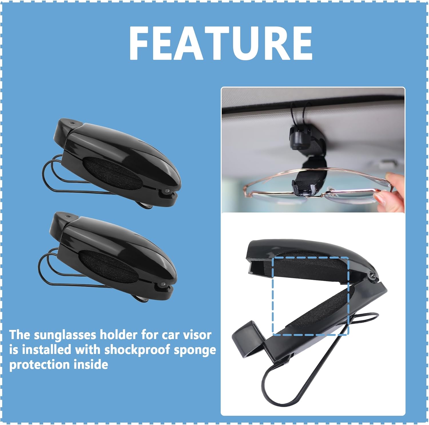 2 soportes para lentes de sol para automóvil, clip de soporte para lentes de sol con esponja para proteger los lentes de sol, clip universal para