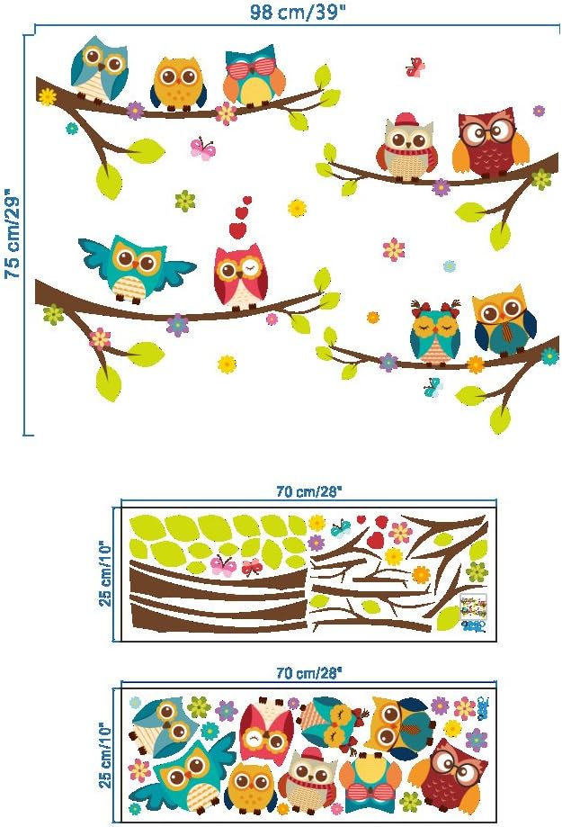 Calcomanías de pared extraíbles de dibujos animados de 9 búhos familiares en ramas de árbol, mural despegar y pegar, decoración del hogar para tus