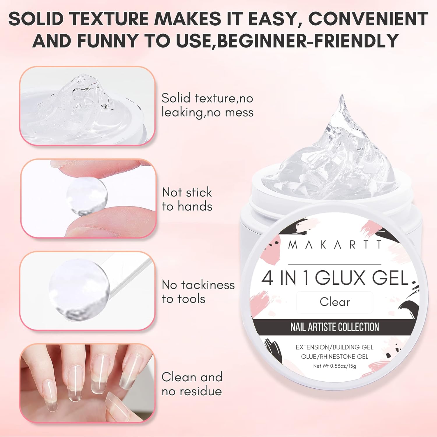 Makartt 4 en 1 Glux Gel Clear Solid Nail Extension Gel Constructor de Uñas Gel Constructor de Uñas de 0.5 fl oz UV Paquete de pegamento de uñas con