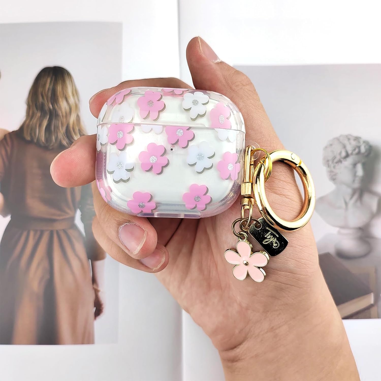 Funda compatible con AirPods 3 2021, funda de TPU suave con bonito patrón de flores para AirPods de 3 generación con llavero de flores y mosquetón