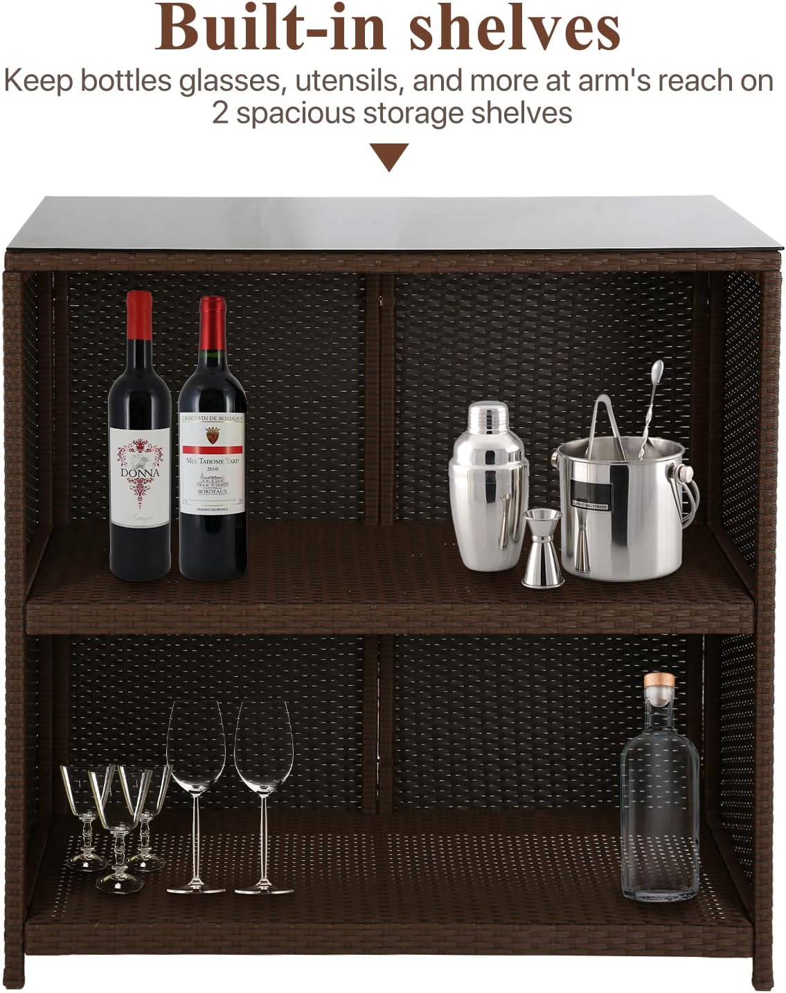 Juego de 3 piezas para bar de patio al aire libre, juego de mesa de mimbre para todo tipo de clima, juego de muebles de exterior con 2 taburetes,