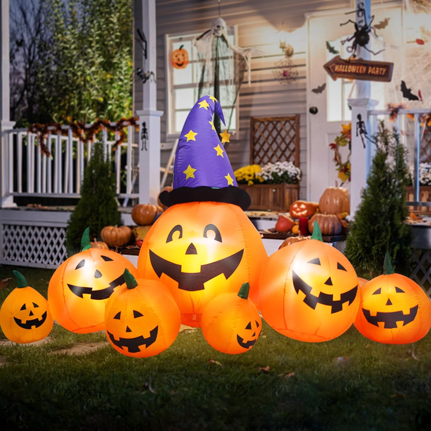 Evoio Calabazas inflables de Halloween de 8 pies para decoración al aire libre, calabazas inflables de patio y sombrero de bruja con luces LED