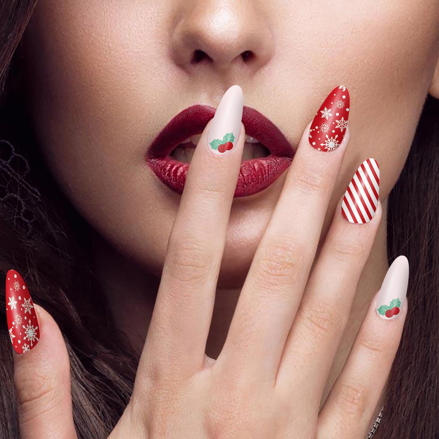 16 hojas de tiras de esmalte de uñas de Navidad, autoadhesivas, luces de árbol de Navidad, copo de nieve, muñeco de nieve, calcomanías de uñas de