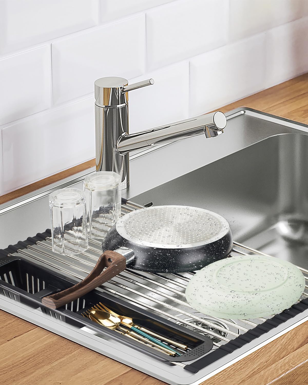 CLNGAI Escurridor de platos enrollable, escurridor de platos extensible sobre el fregadero, estante de cocina de acero inoxidable con soporte para