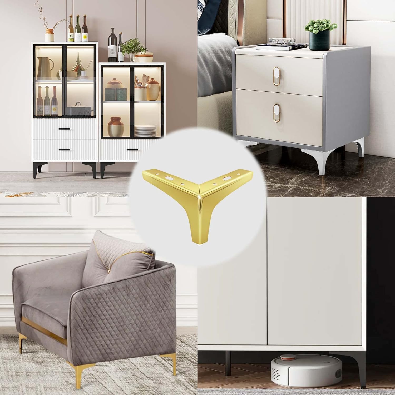 Juego de 4 patas de repuesto de metal dorado para muebles, juego de 4 patas de tocador doradas de lujo para sofá, cama, armario otomano