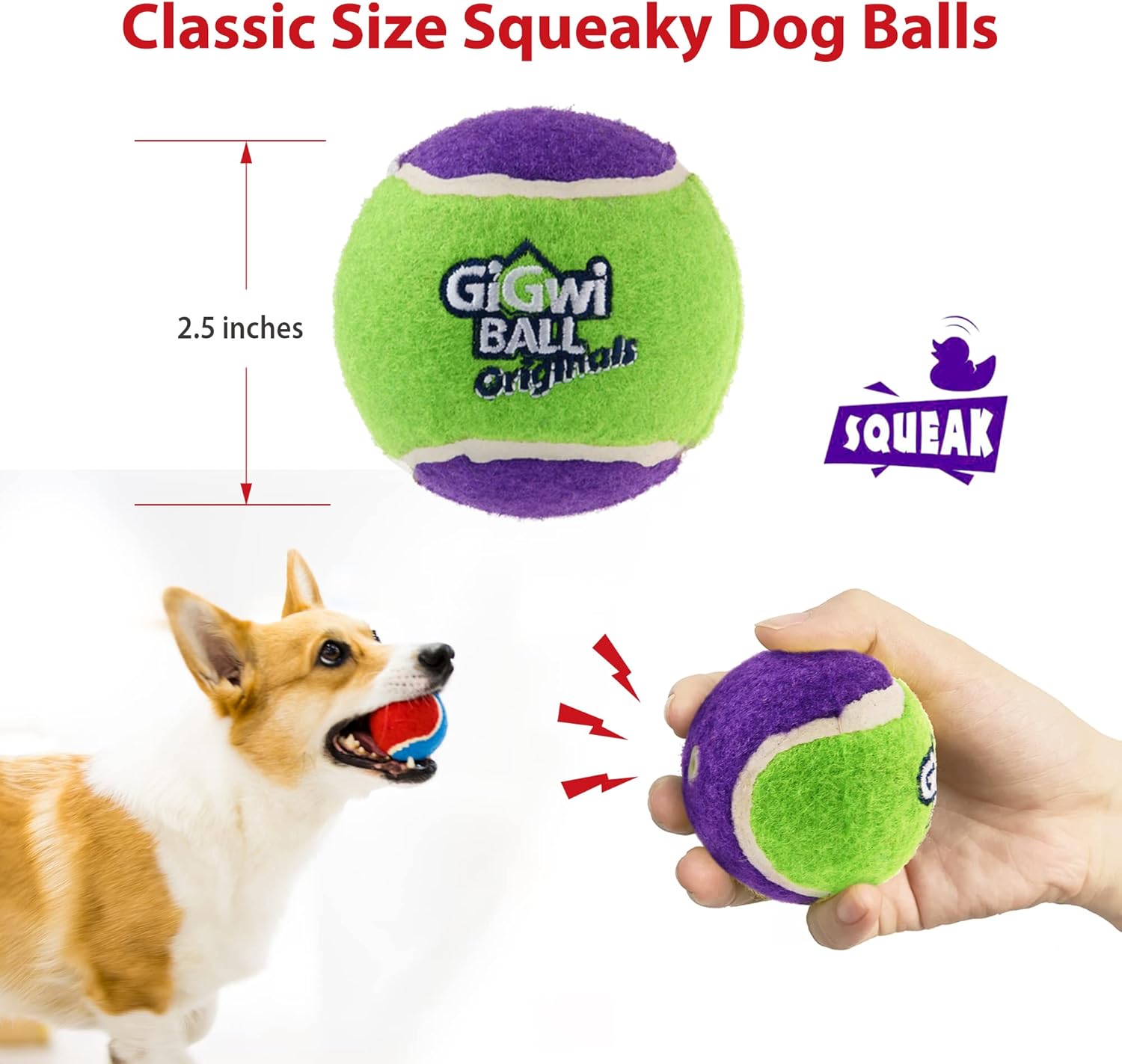 GiGwi Pelotas de tenis para perros, pelotas de tenis para perros chirriantes para ejercicio, pelotas de perro con gran capacidad de rebote de