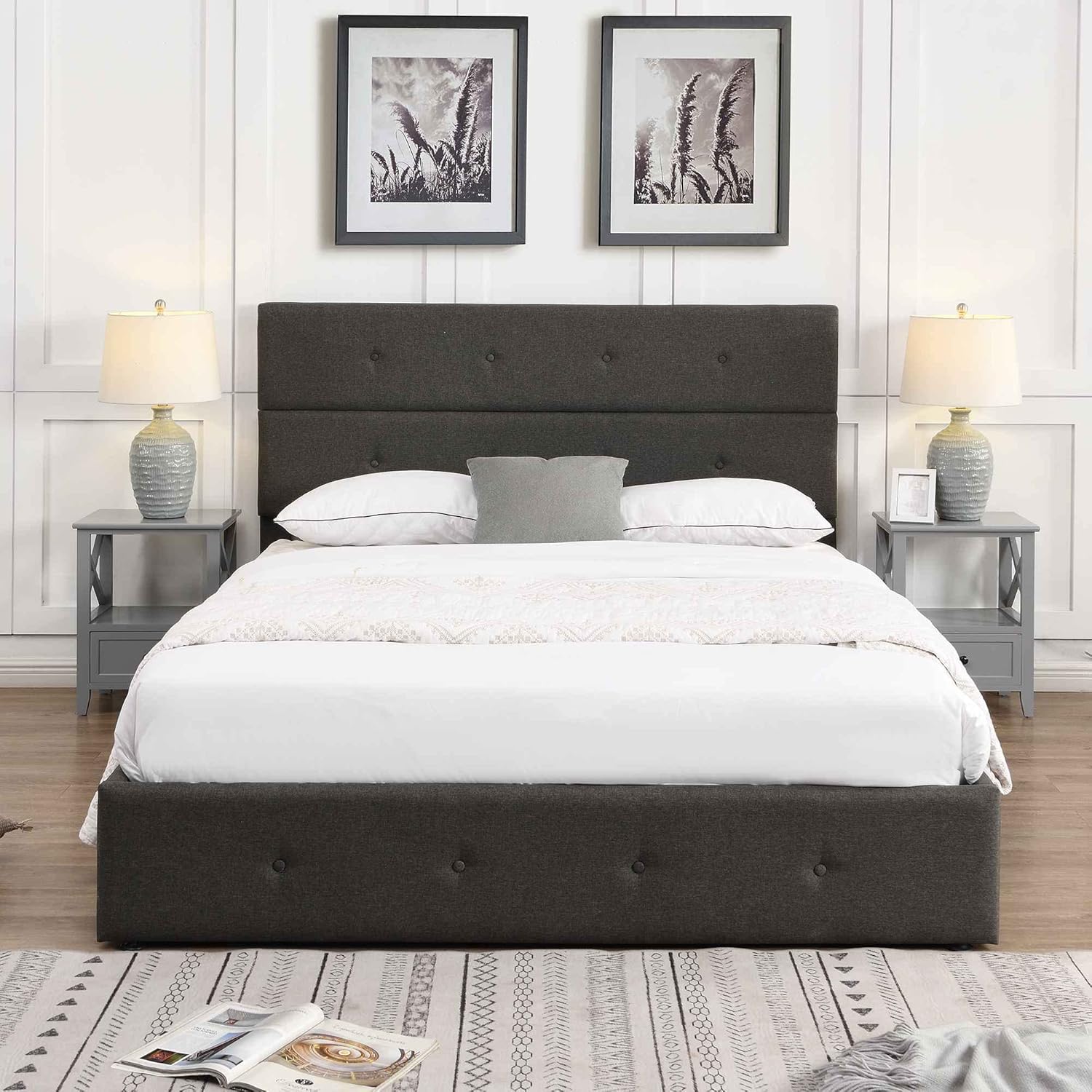 Cama tapizada de plataforma tamaño Queen con almacenamiento en la parte inferior, marco de cama de madera con cabecera copetuda, perfecta para