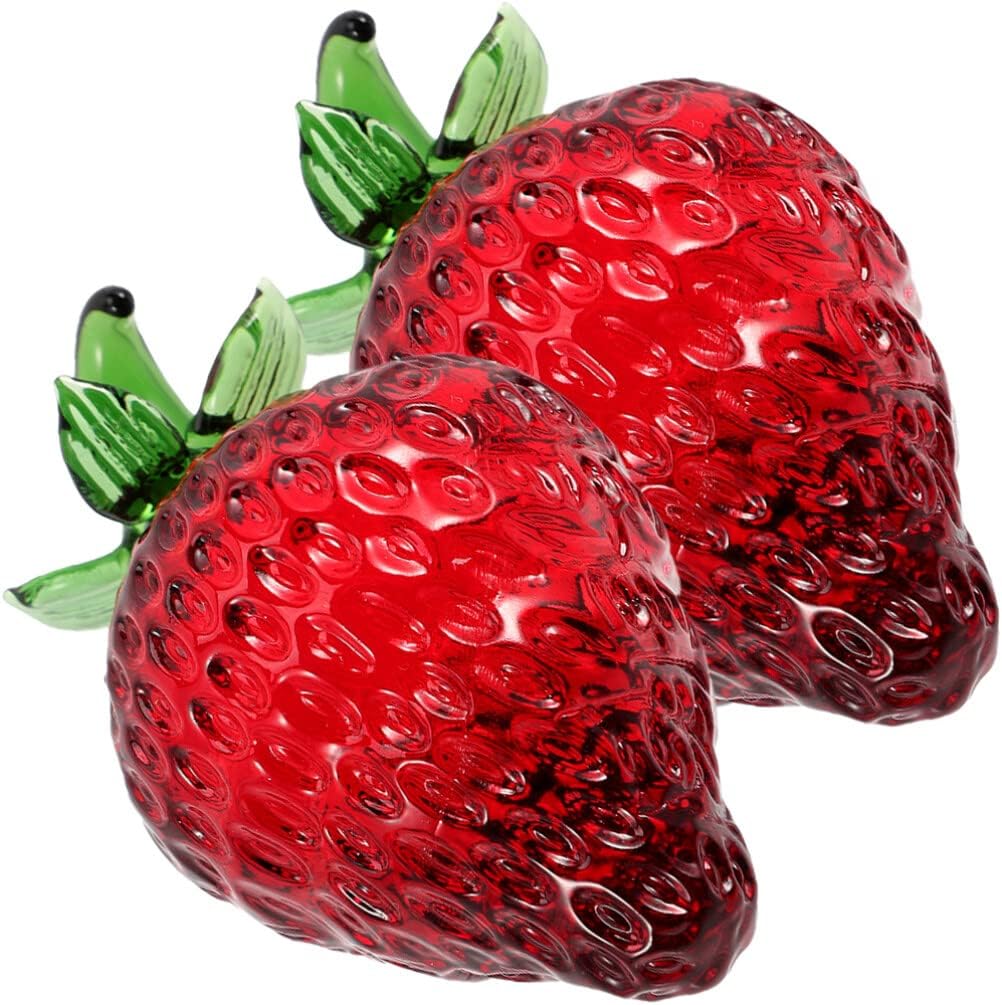 Beavorty Adorno de fresa de cristal soplado de fresa, 2 piezas, figura coleccionable de fresa, pisapapeles de vidrio de fruta, decoración de mesa de