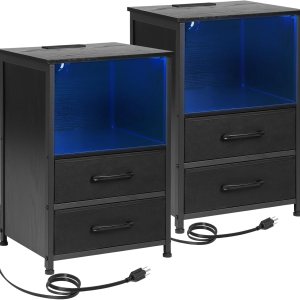 LOAKEKEL Juego de 2 mesitas de noche LED con estación de carga, mesas auxiliares con puerto USB tipo C y tomas, mesita de noche con 2 cajones de LOAKEKEL Juego de 2 mesitas de noche LED con estación de carga, mesas auxiliares con puerto USB tipo C y tomas, mesita de noche con 2 cajones de