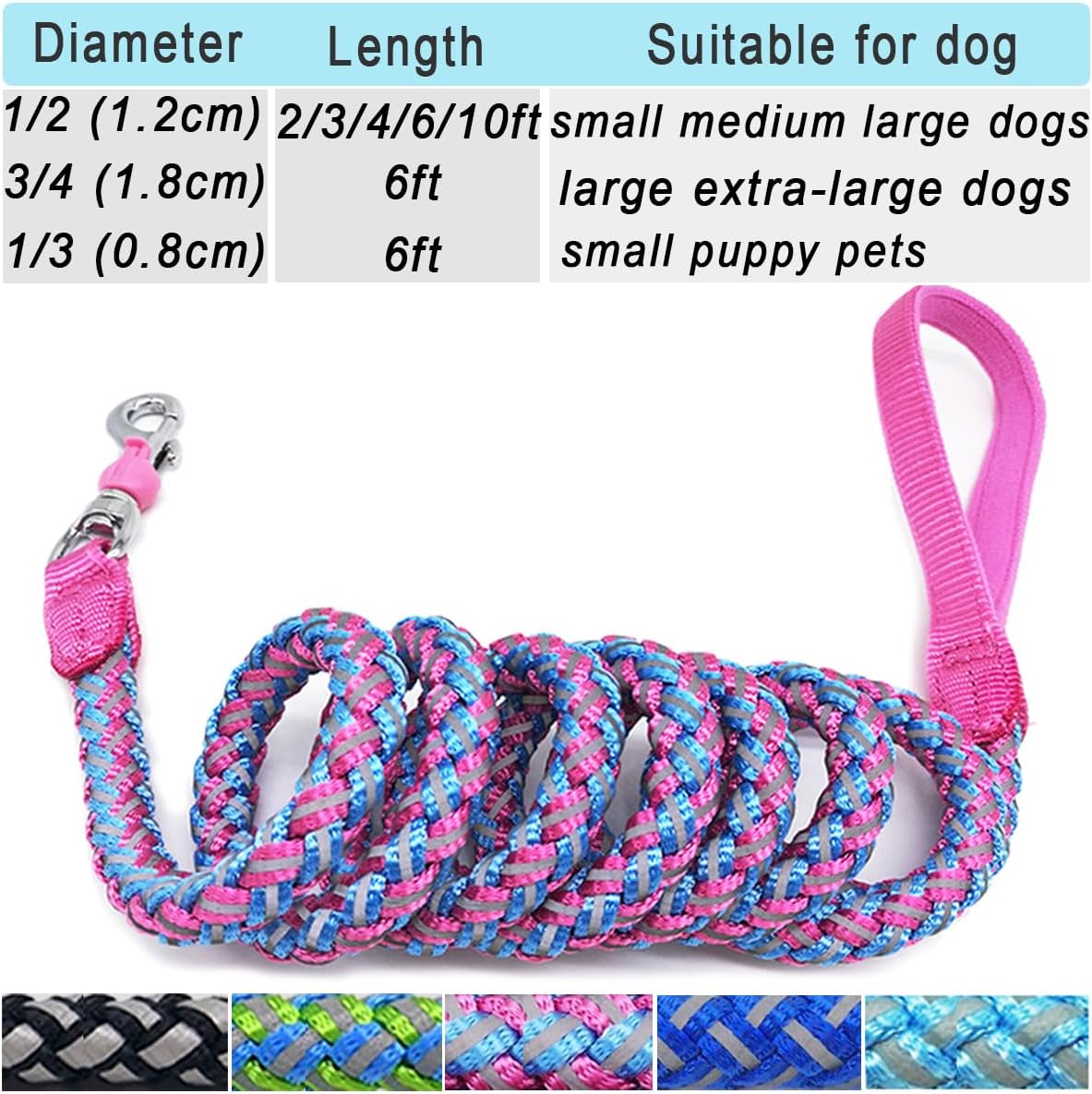Mycicy Correa de cuerda para perro, correa reflectante de 234610 pies, correa de entrenamiento para perros grandes y medianos y pequeños (rosa, 2