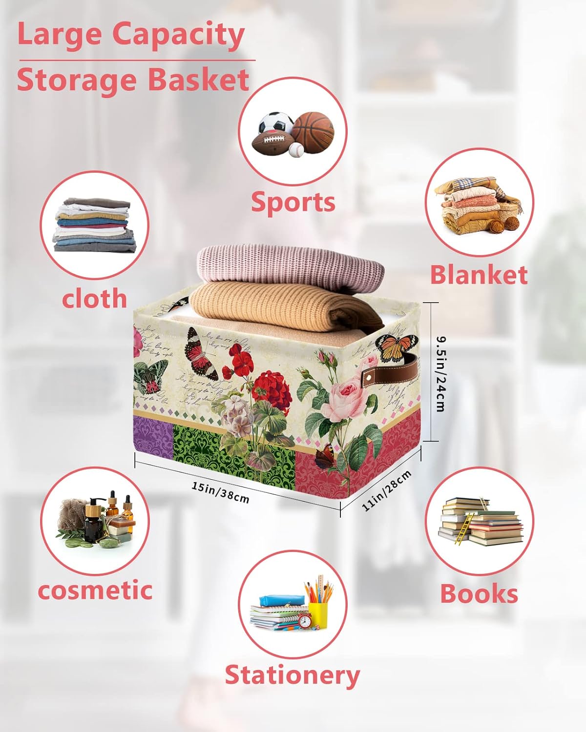 Retro Botanical Storage Basket for Organizing Shelves, Collapsible Storage Bins Boxes with Handle, Spring Floral Butterfly Modern Abstract Art