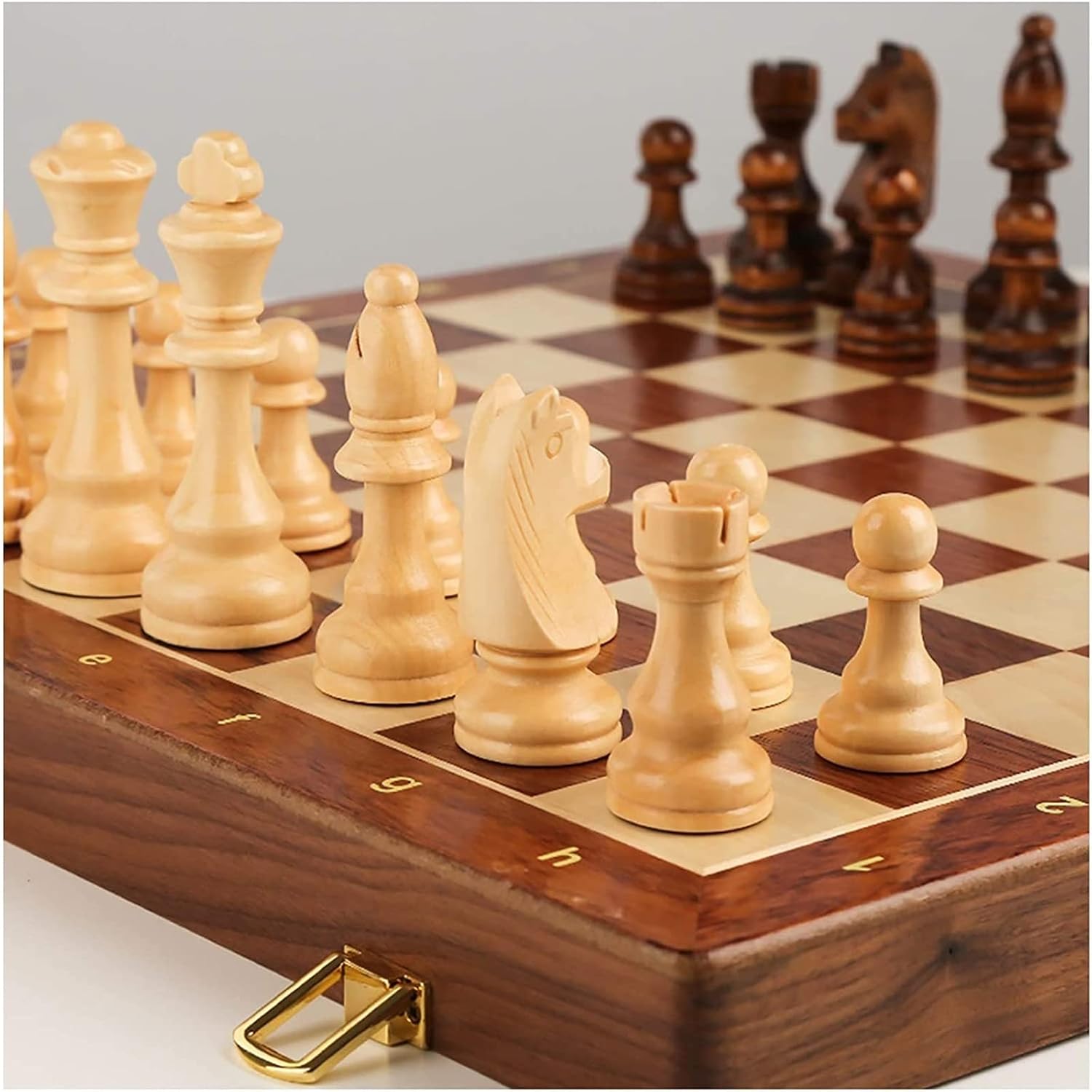 Juego de ajedrez de 15 x 15 pulgadas, juego de ajedrez de madera de nogal con incrustaciones con tablero de ajedrez plegable, piezas de ajedrez