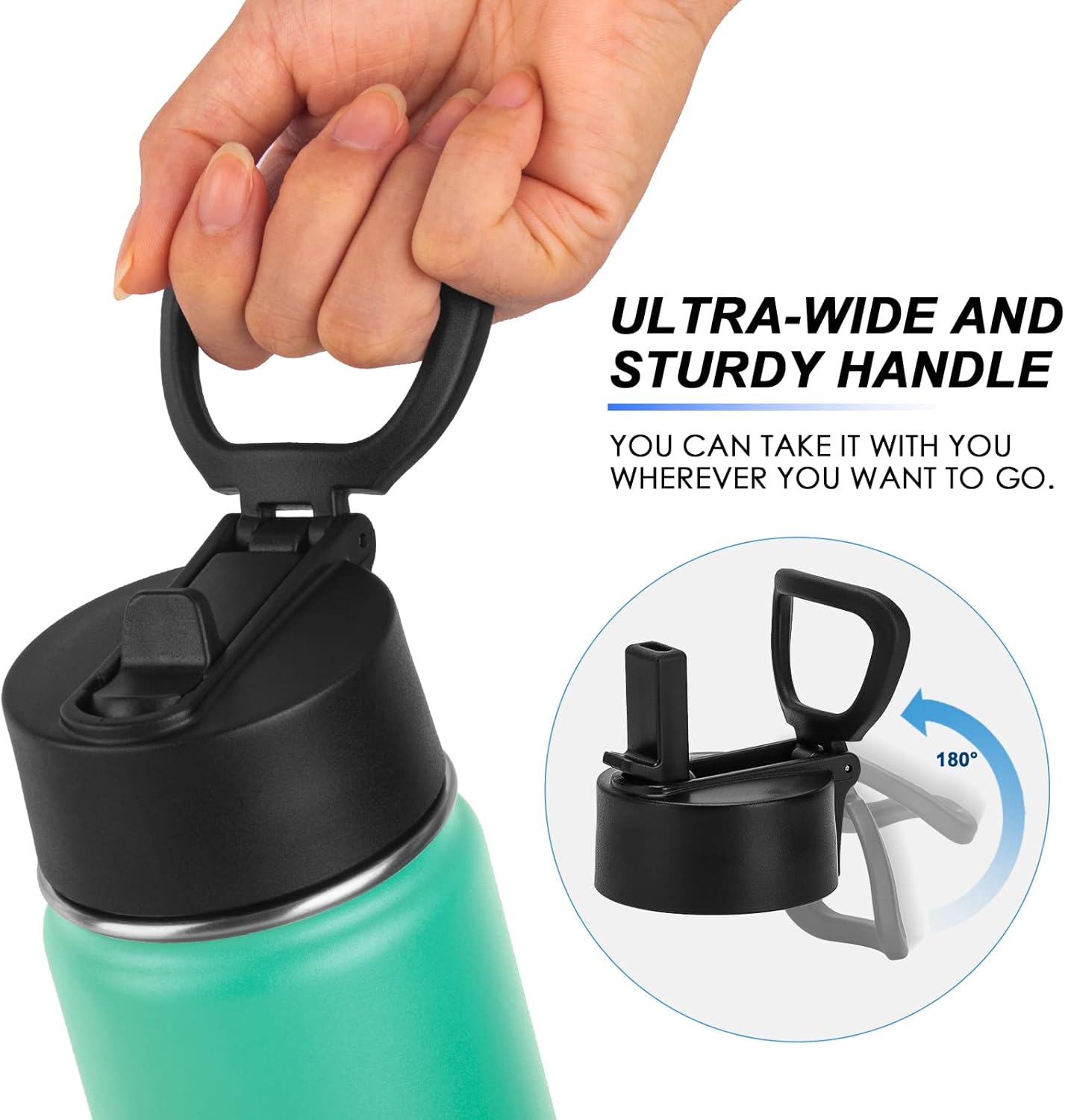 koodee Botella de agua de 22 onzas de acero inoxidable aislada al vacío, botella de agua deportiva de boca ancha con tapa con popote, botella de