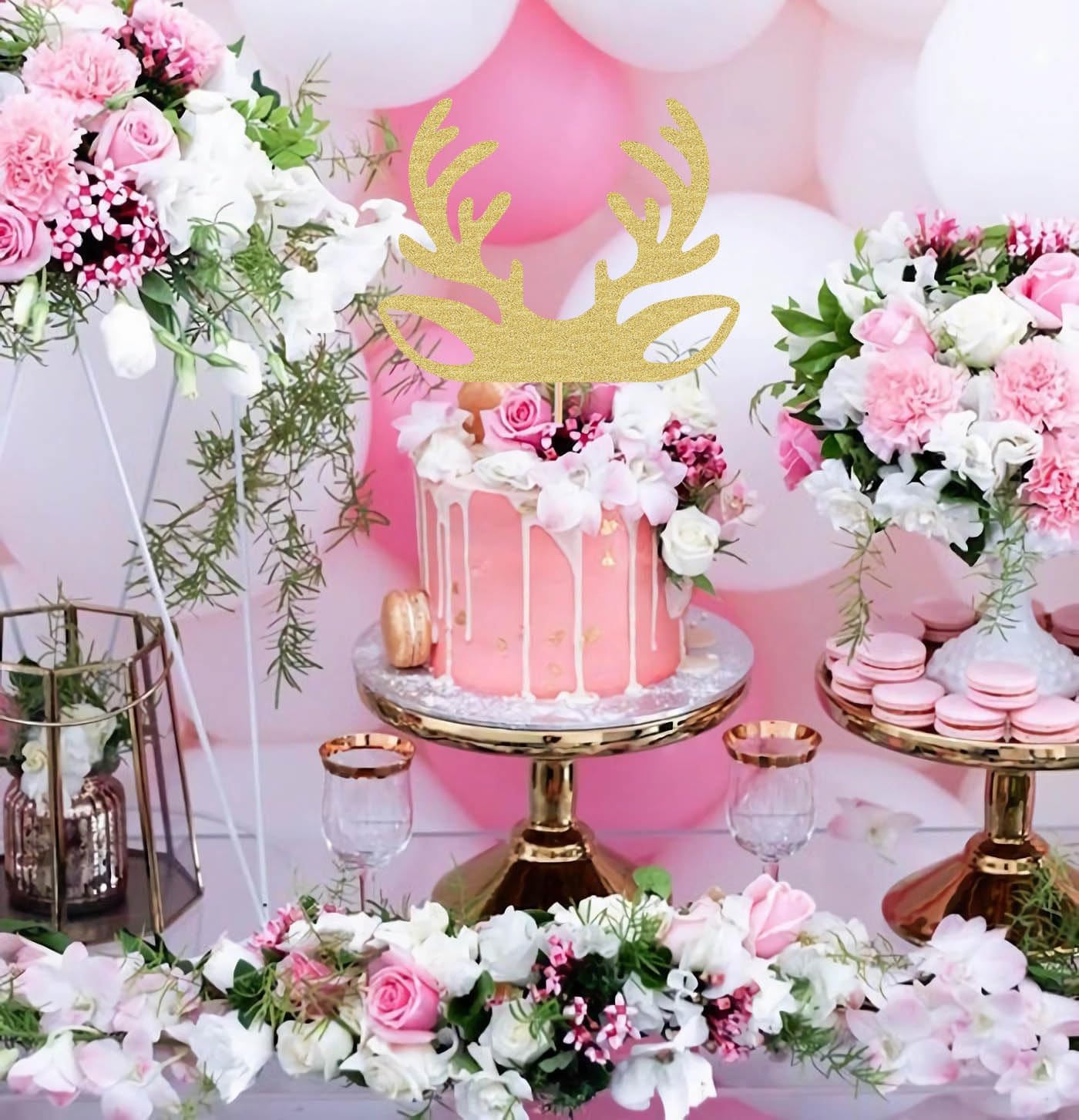 Decoración de cornamenta de ciervo  Decoración de pastel de ciervo con purpurina dorada para fiesta de cumpleaños, para baby shower, fiesta de