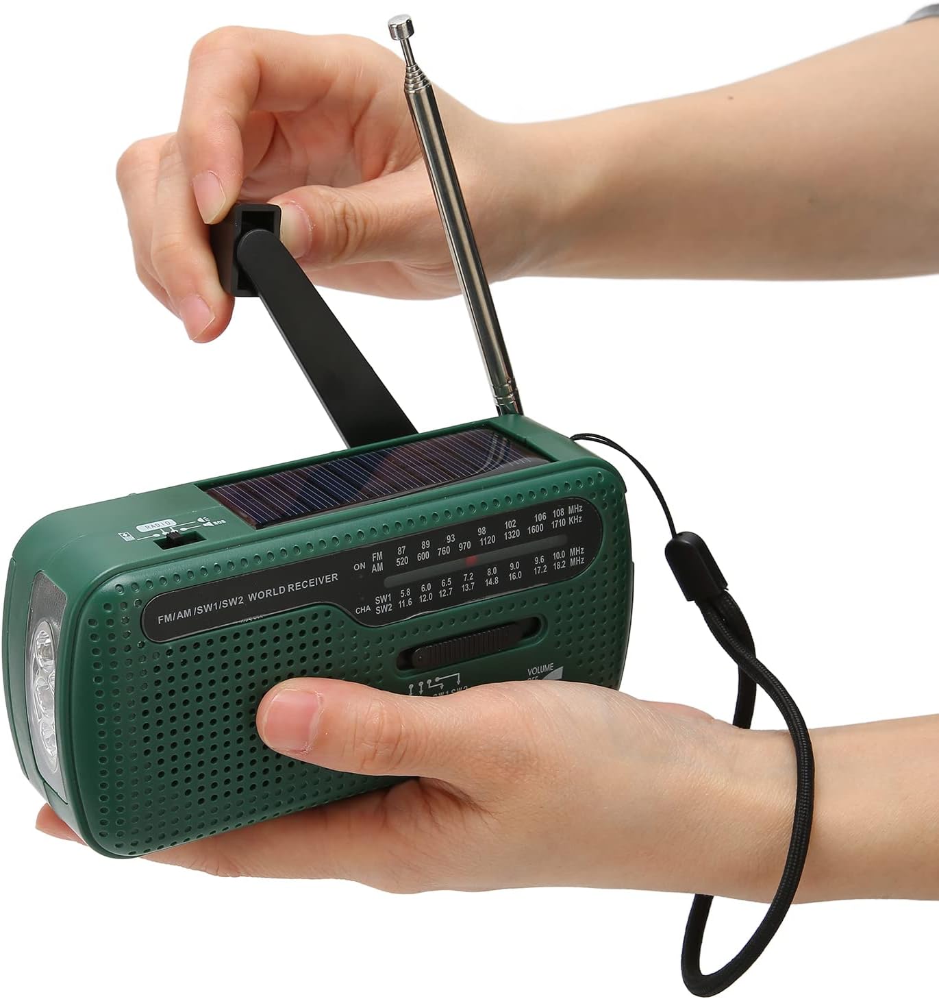 Linterna de emergencia, radio solar de manivela AM FM SW1 SW2 camping linterna LED multibanda camping radio de emergencia para exteriores (verde)