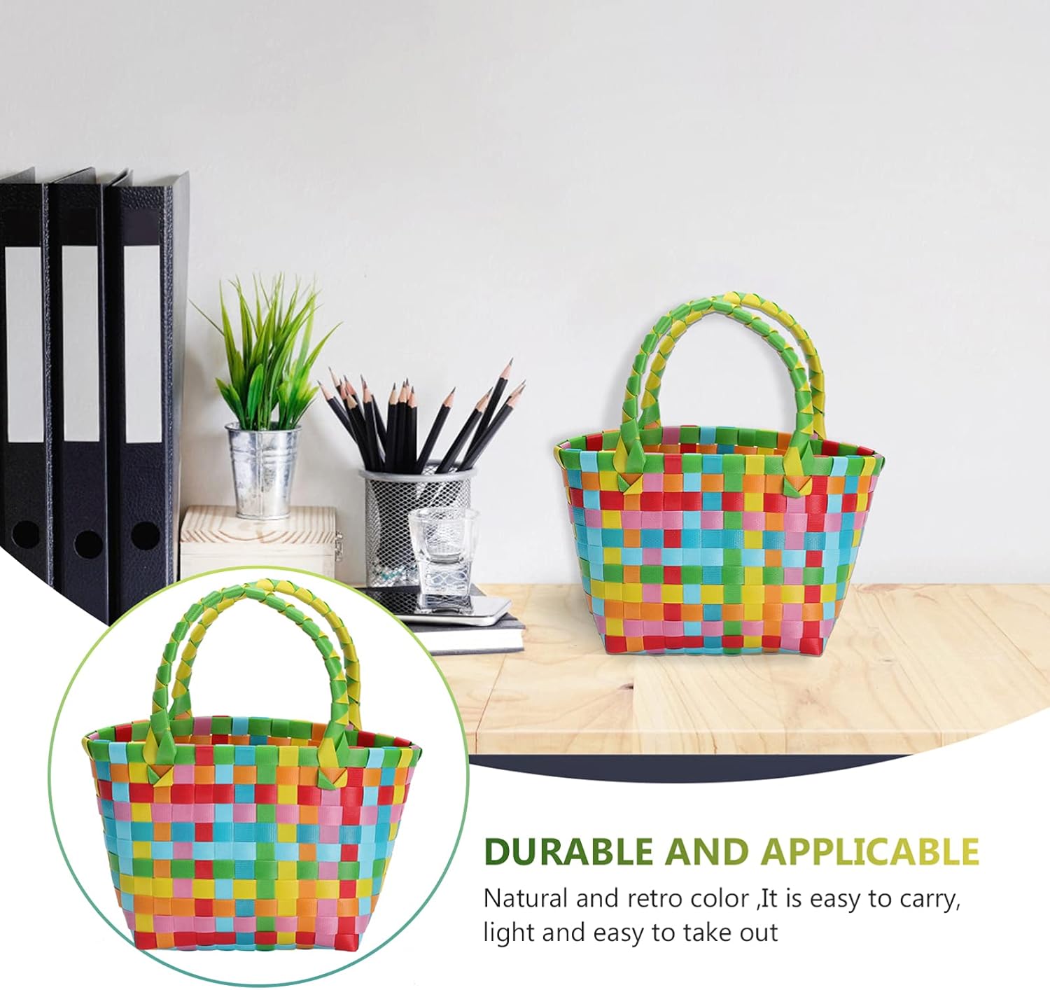 Cabilock Cesta de almacenamiento tejida a mano, bolsa de playa colorida para verano, bolsa de compras de alimentos, bolsa de soporte para aperitivos