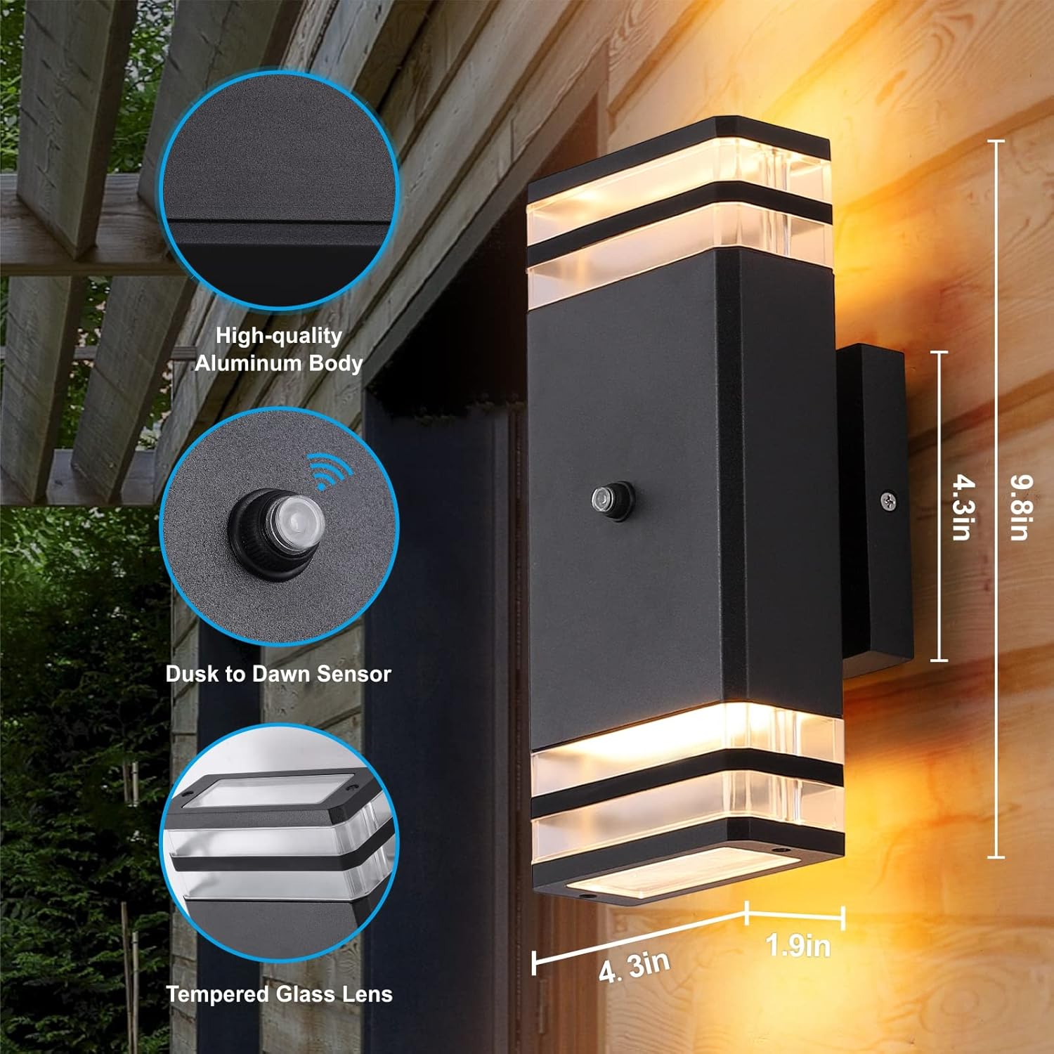 1 paquete de luces de pared para exteriores con sensor de anochecer a amanecer, aplique de pared LED integrado, iluminación exterior de aluminio de