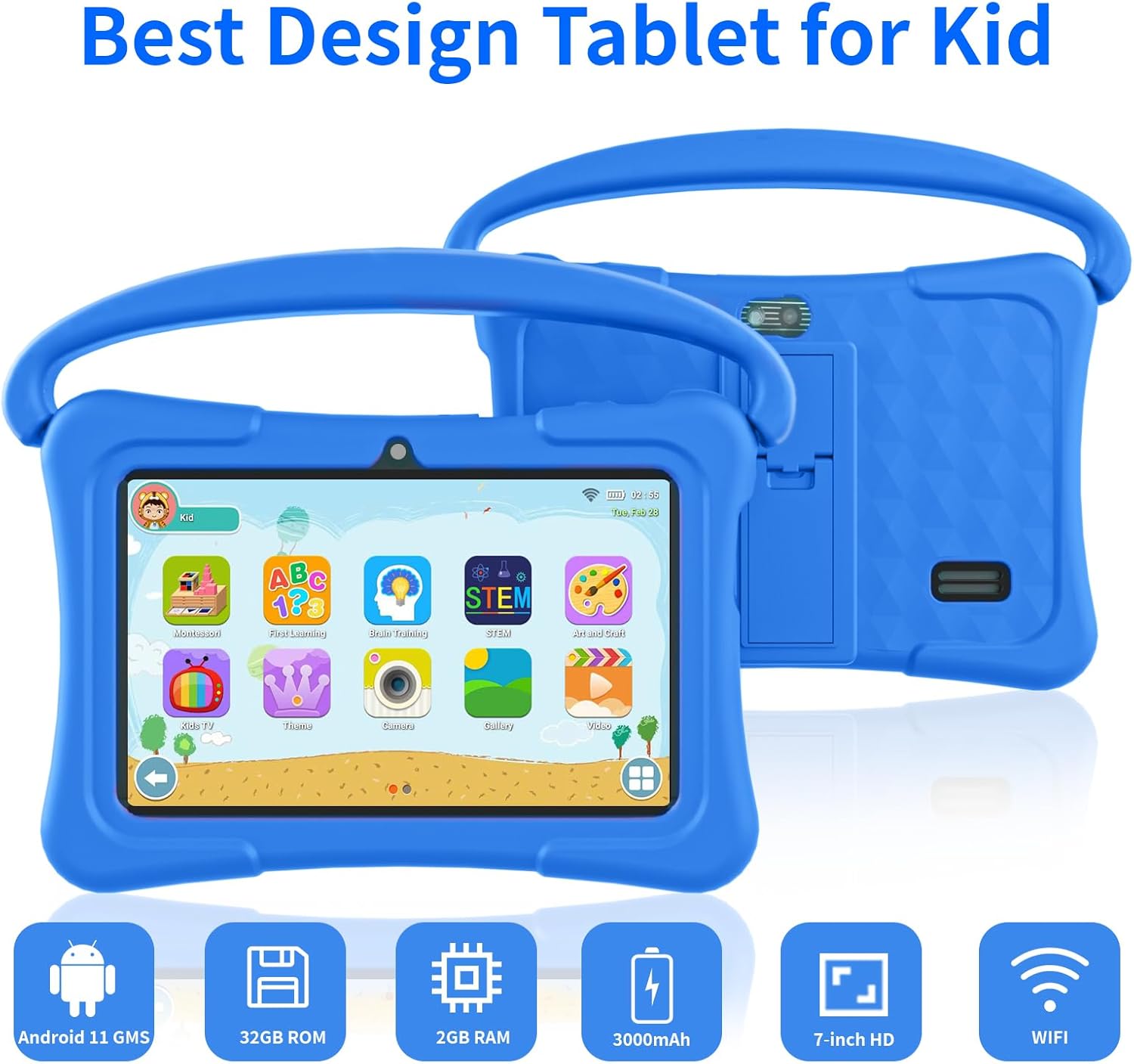 Tableta para niños, tableta Android de 7 pulgadas para niños, tableta de 32 GB para niños, tabletas para niños con Bluetooth, GMS, WiFi, control