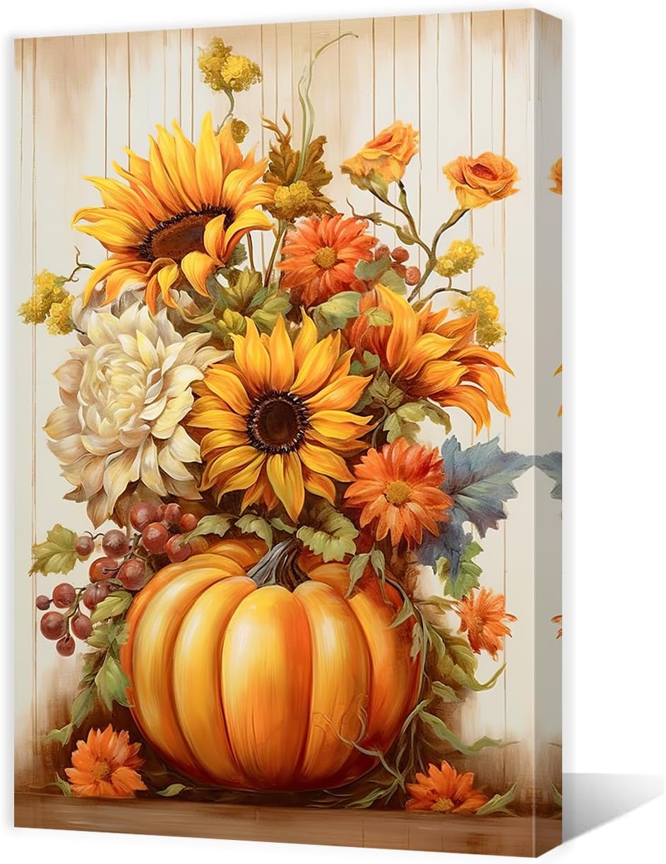 QIXIANG Lienzo decorativo de otoño para pared, diseño de calabaza y girasol, pintura del día de Acción de Gracias, lienzo de cosecha de otoño, marco