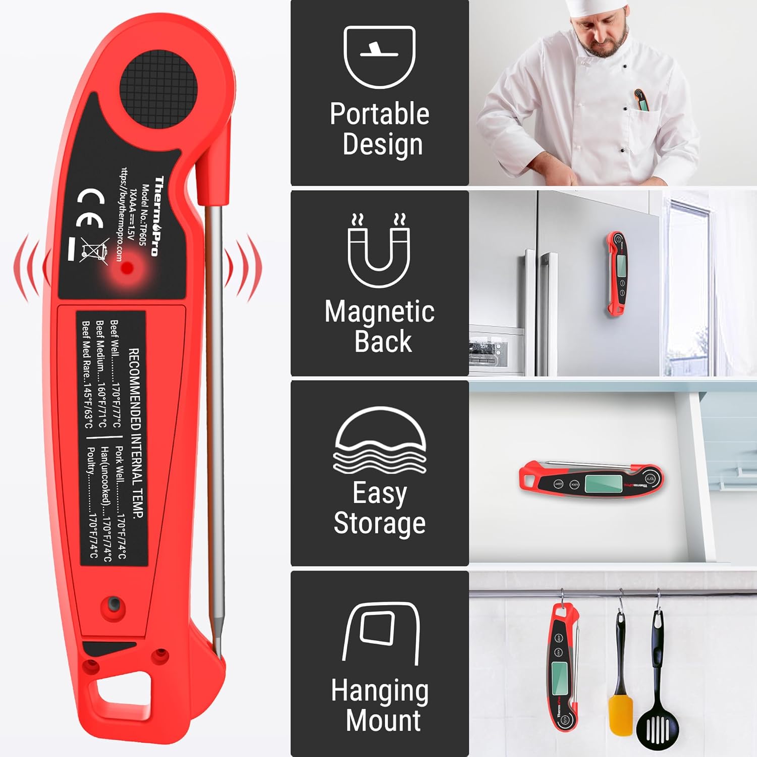 ThermoPro TP605 Termómetro de carne de lectura instantánea para cocinar, termómetro digital impermeable para alimentos con gran pantalla LCD