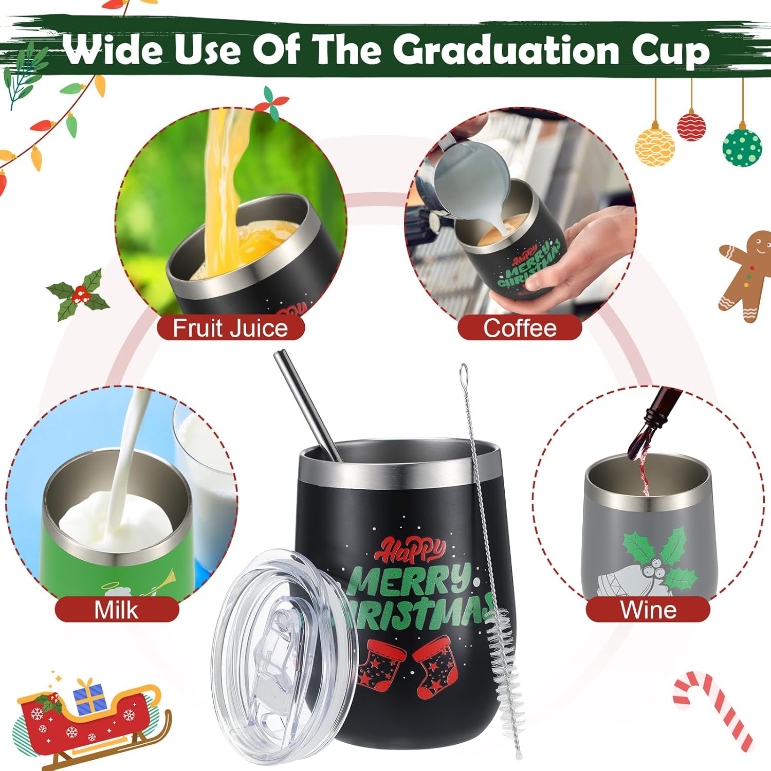 Gejoy Vaso de Navidad, vaso de acero inoxidable de 12 onzas con tapa, taza de vino de viaje, botella de té, taza de café de doble capa al vacío de