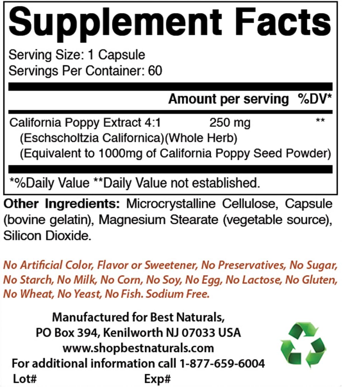 Best Naturals California Poppy 1000 mg Equivalente – 60 Cápsulas