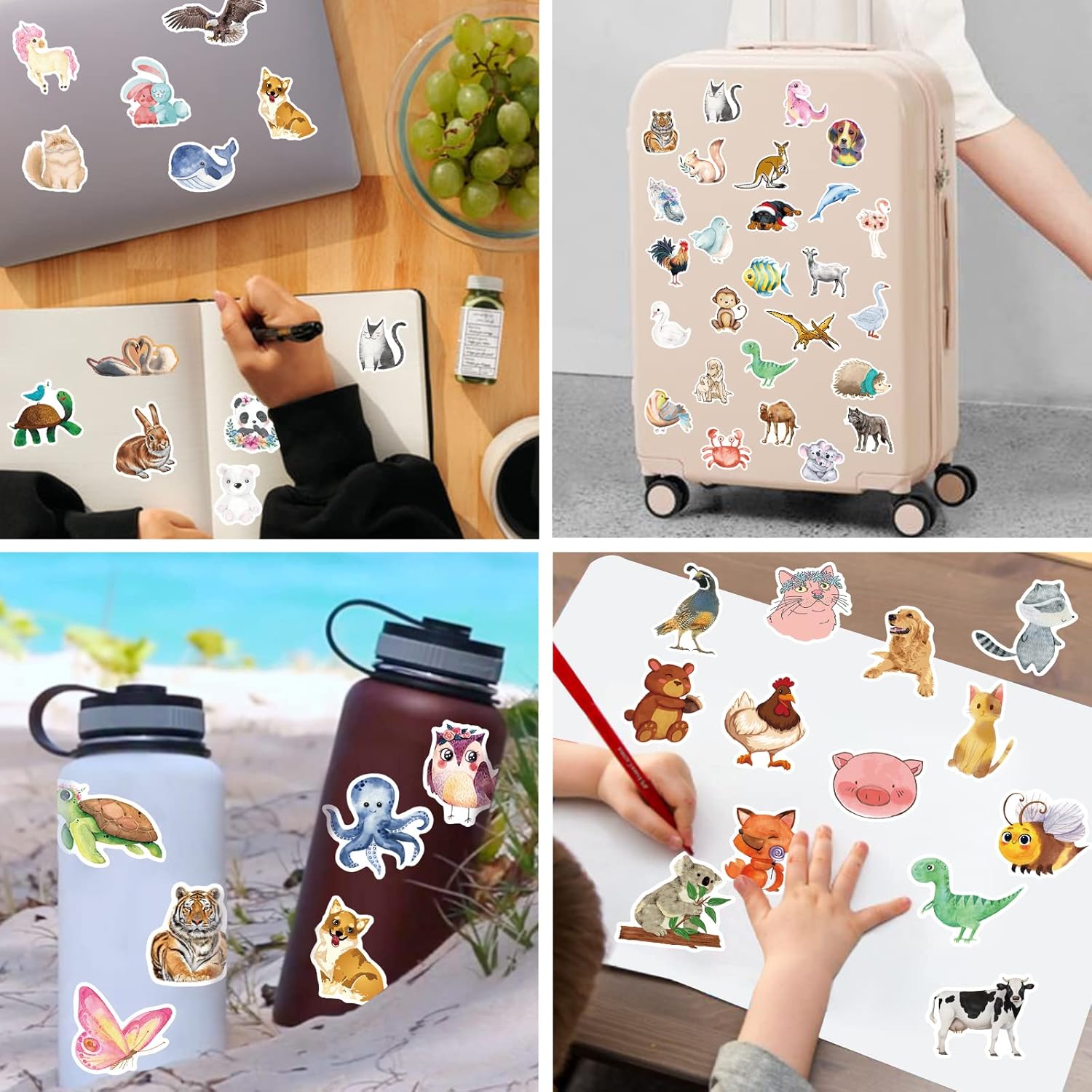 160 calcomanías de animales lindos para niños, calcomanías de animales de acuarela de dibujos animados para botella de aguaportátil, calcomanías de