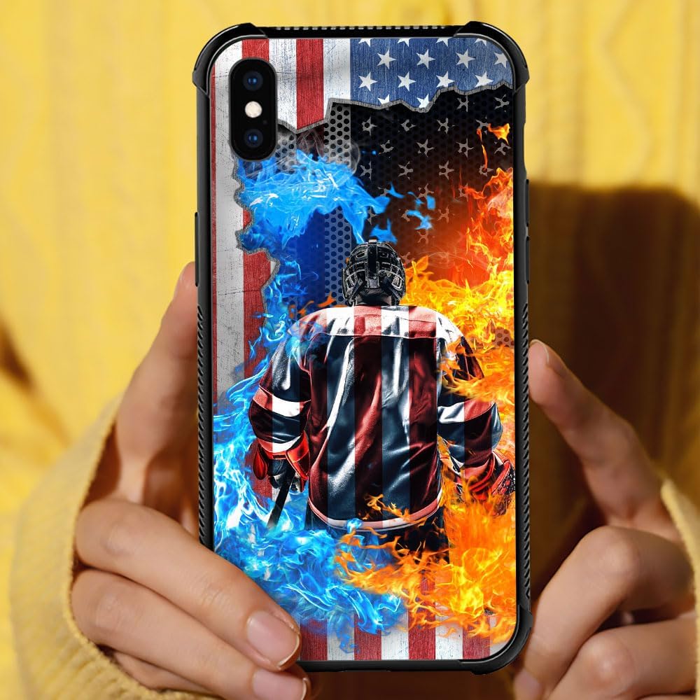 HENOK Funda compatible con iPhone XXs, funda clásica de hockey con bandera estadounidense de hielo y fuego con protección a prueba de golpes y