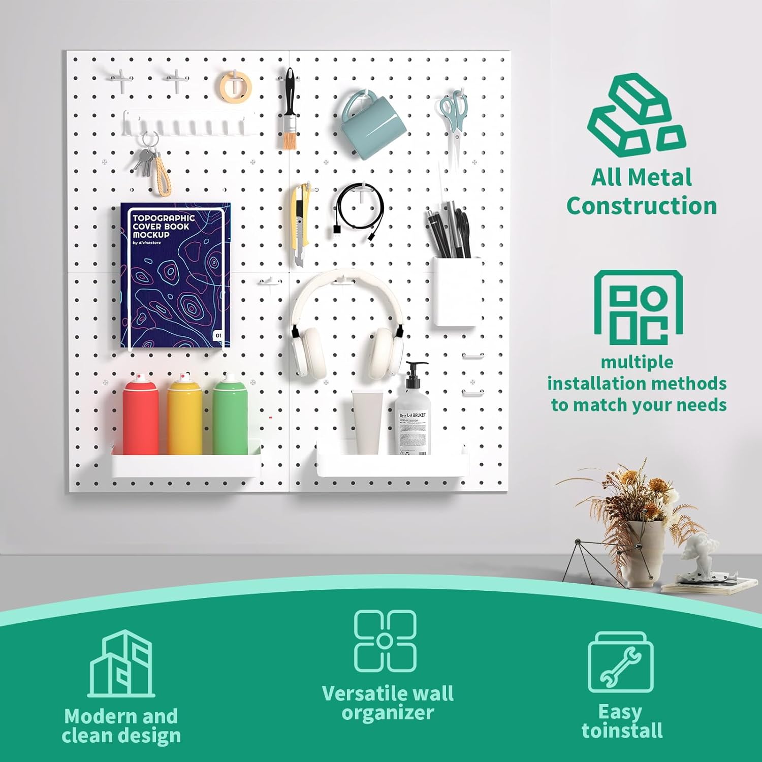 Tablero de clavijas, se adapta a ganchos de metal de 18 pulgadas, organizador de pared de 24 x 12 pulgadas para sala de manualidades, garaje,