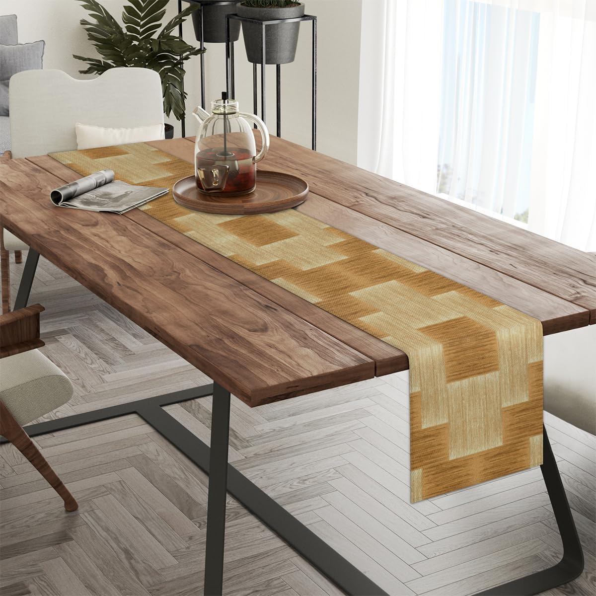 Table Runner Wooden Plaid Pattern, Rustic Linen Table Cloth for Farmhouse Kitchen, Dinner, Events, Party, Holiday Table Decor 13 x 120 Inches