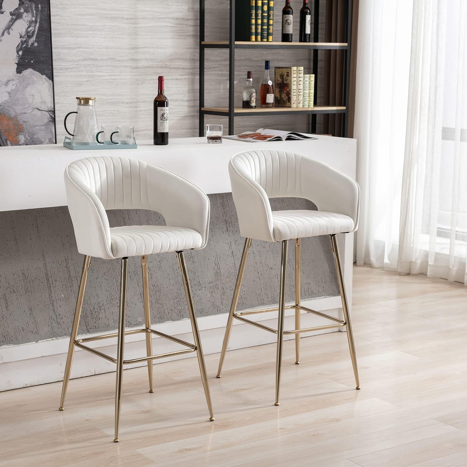 ZH4YOU Juego de 2 taburetes de bar de terciopelo de 30 pulgadas, taburetes de bar tapizados de altura de mostrador con reposabrazos trasero,