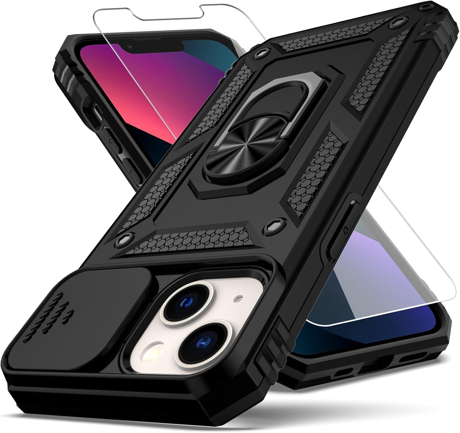 YZOK Funda para iPhone 13, con cubierta para lente de cámara, protector de pantalla HD, grado militar anillo de montaje en coche con soporte híbrido