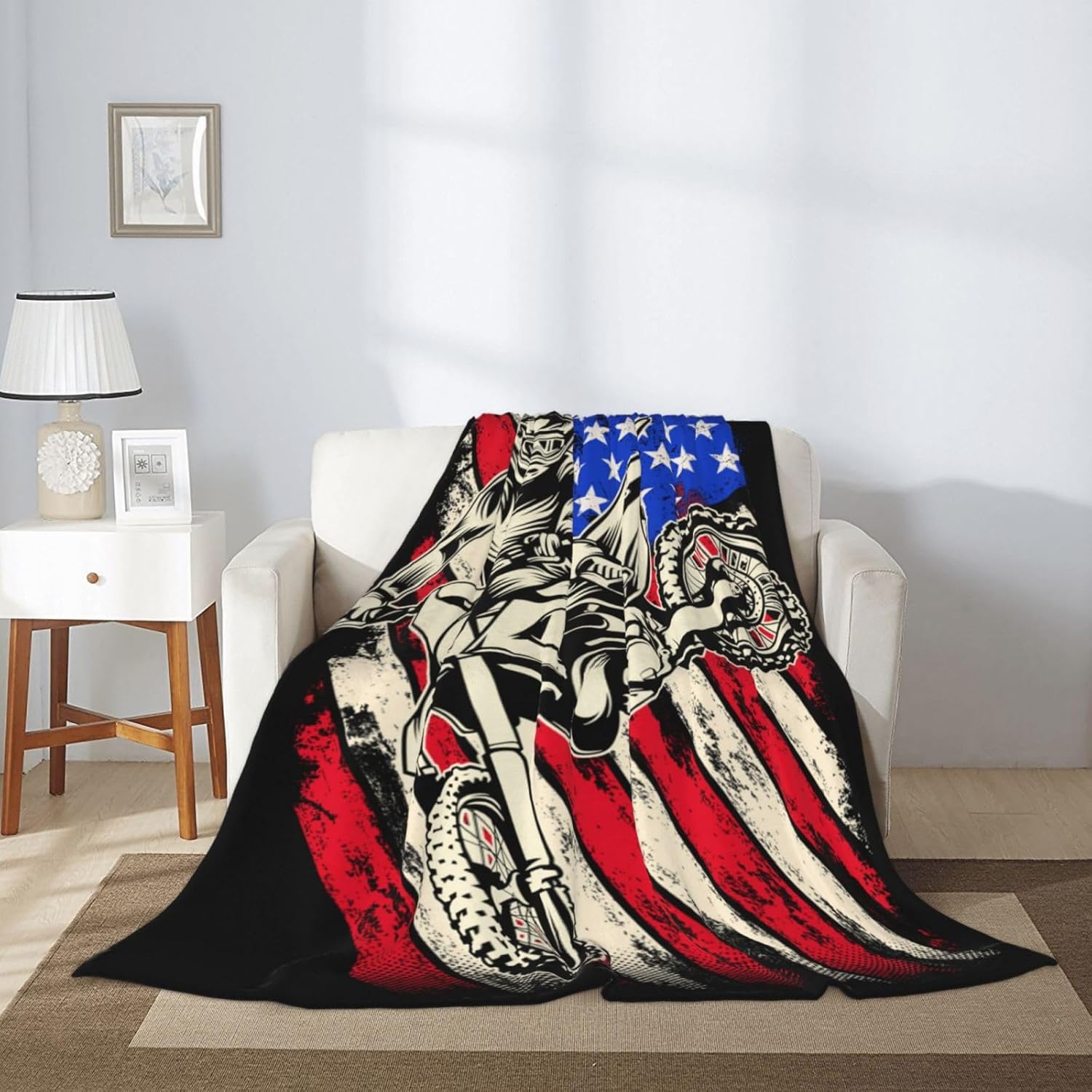 Manta de forro polar con bandera estadounidense de motocross para motocross, tamaño Queen, manta de cama suave, ligera, mullida y acogedora de