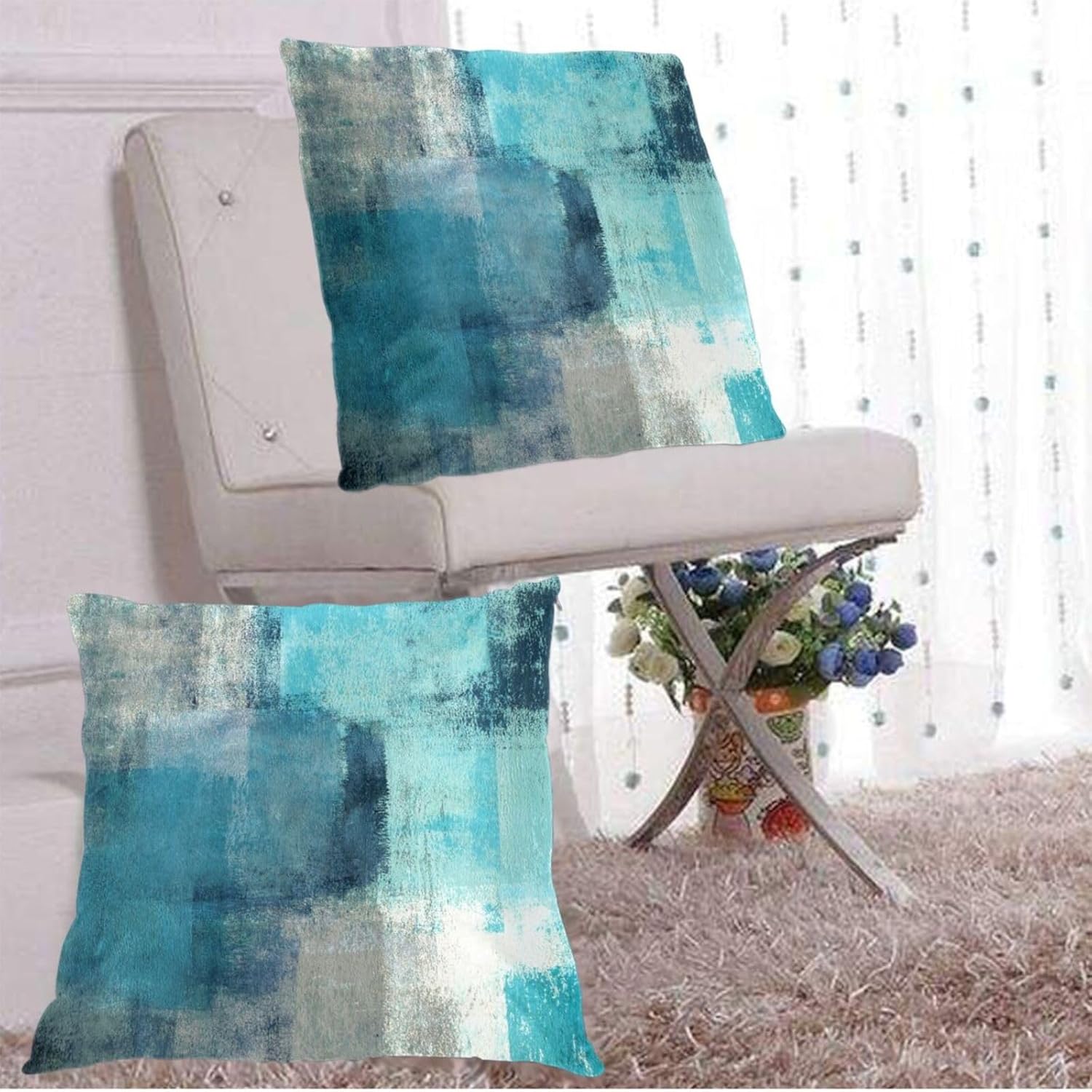 Juego de 2 fundas de almohada de arte moderno, color turquesa, abstracto, cuadradas, decorativas, para sofá, hogar, dormitorio, silla, automóvil,