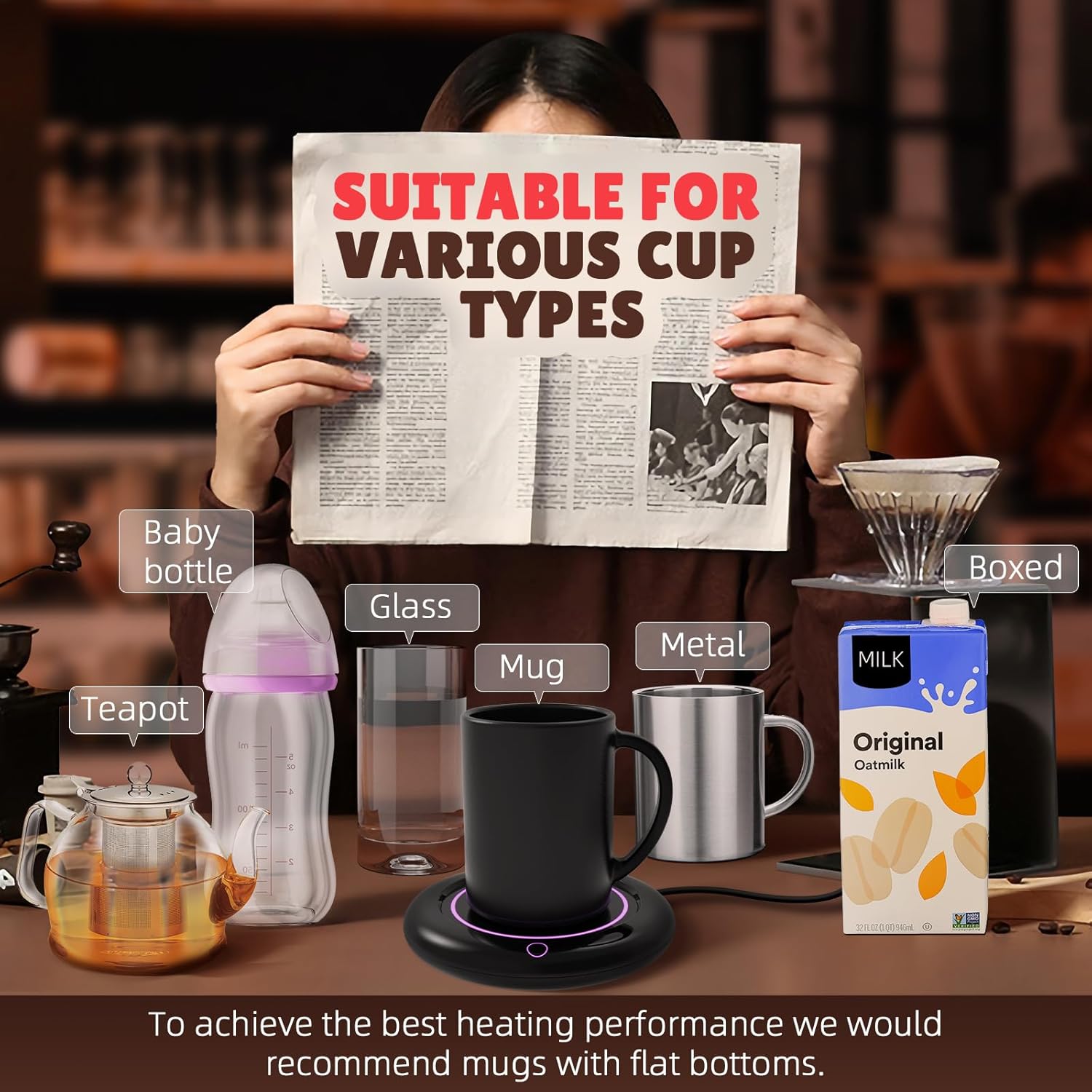 Calentador de taza de café de 40 W con apagado automático para escritorio, calentador de tazas inteligente de 3 niveles de temperatura, calentador