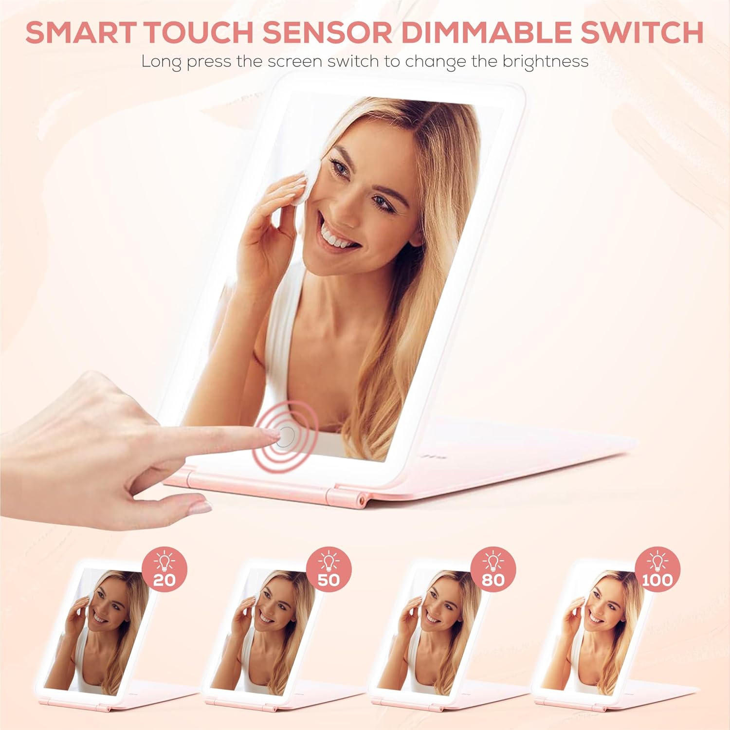 Espejo de maquillaje portátil plegable con luz LED, tamaño iPad, recargable por USB, 3 ajustes de color, tecnología regulable (rosa)