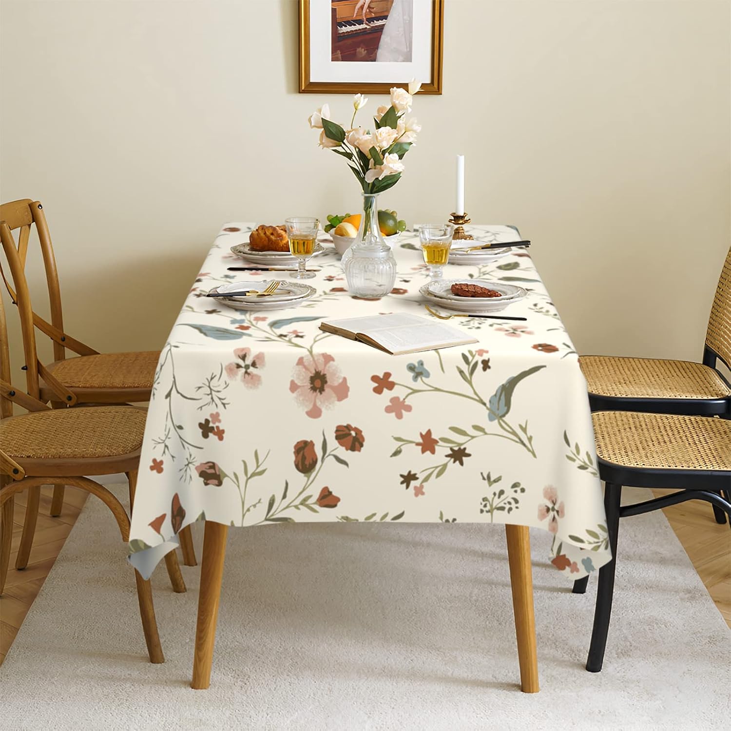 Spring Flowers Fabric Waterproof Tablecloth,Rectangle Watercolor Wrinkle Oil-Proof Resistant Table Cover for Dining Table,Modern Minimalist White