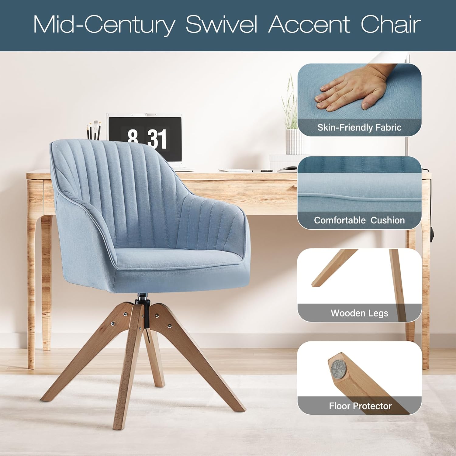 Haddockway Silla decorativa, silla giratoria, sillón tapizado con patas de madera, silla de ocio para leer, beber, silla auxiliar para vestidor,