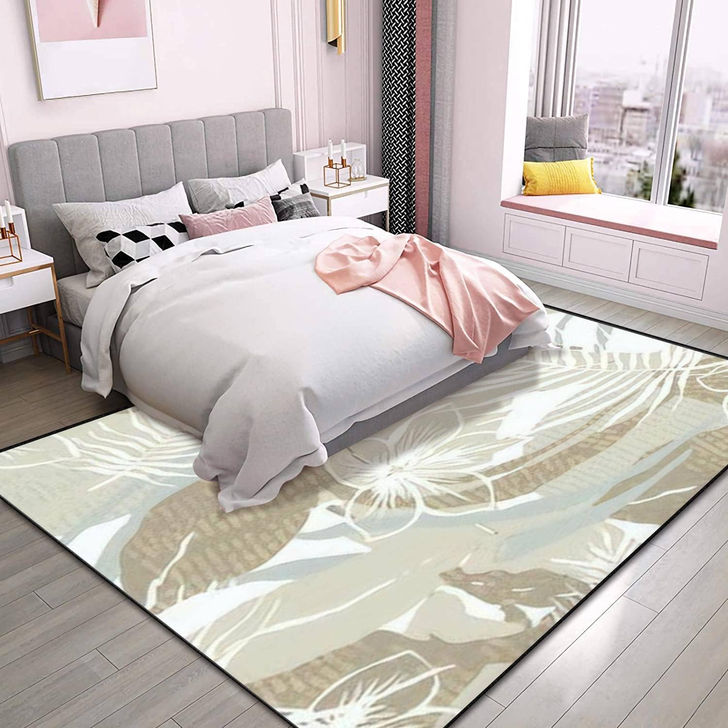 PeeNoke Romantic Botanical Repeated Spring Peony Summer Textile Design Beige Area Rug Outdoor Patio Rug Play Mat Floor Mat Modern Carpet Non-Slip