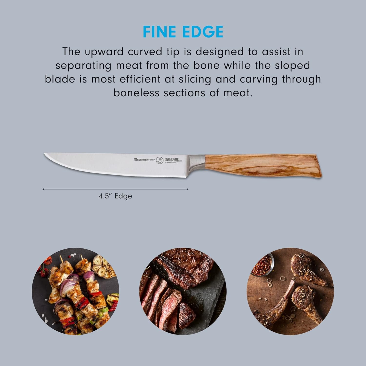 Messermeister Oliva Elite – Juego de cuchillos para carne de filo fino, hoja fina de aleación de acero alemán y mango de madera de olivo